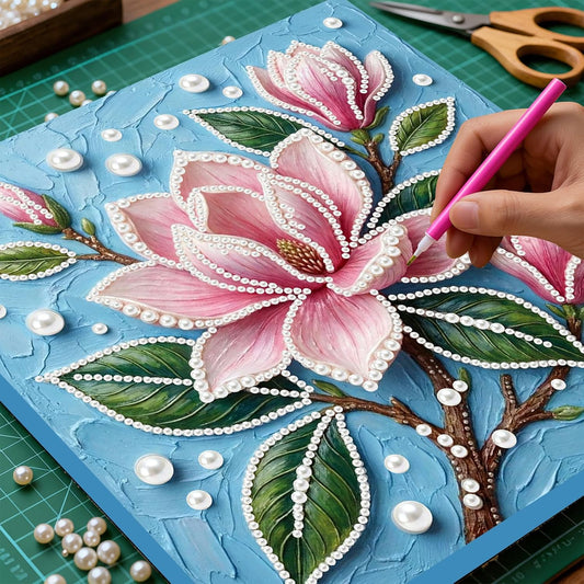 FRANDEK Pink Flowers DIY Pearl Painting Kit, Framed 3D Textured Handmade 10x10in, Sparkling Gem Art Decor for Living Room, Study, Relaxing Creative Project, Gift for Friends & Beginners
