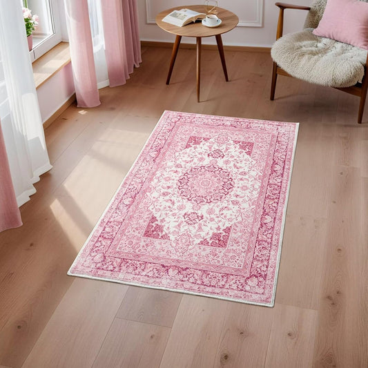 Macgace 2x3 Bright Pink Area Rug for Entryway, Small Washable Rugs with Non-Slip Backing for Girls Bedroom, Cute Vintage Throw Carpet Kitchen Laundry Front Door Decor