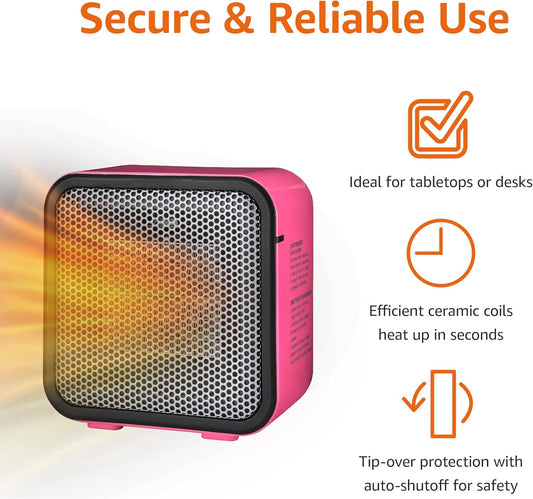 Amazon Basics Ceramic Space Heater, Portable Mini Heater for Office Desk, Indoor Use, 500W, With Tip-Over Protection, Lightweight 1.4 lbs, Pink, 5.9 x 3.2 x 6 inches