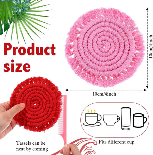 Coasters Set of 6 for Drinks Boho Absorbent Woven Cotton Coaster with Holder Farmhouse Tassel Macrame Cup Mat Housewarming Gift for Coffee Table Home Kitchen Office Decoration, 4 in(Pink)