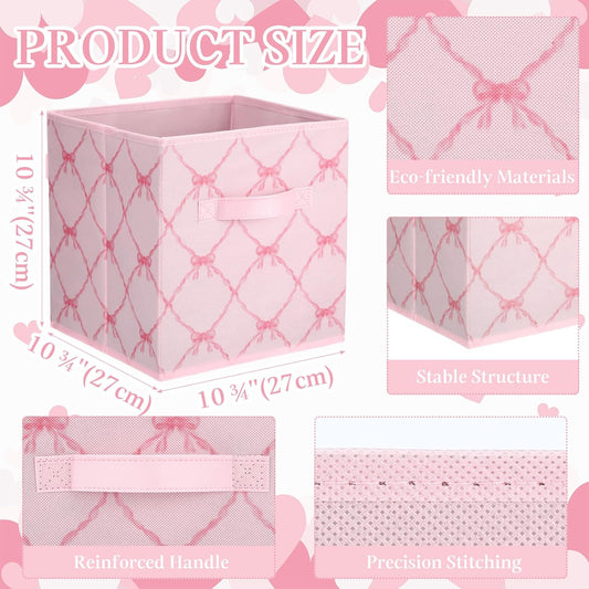 Geelin 6 Pcs Light Pink Bow Cube Storage Bins 11 Inch Storage Basket with Handle, Preppy Girls Organizer Basket, Collapsible Fabric Box for Classroom Bedrooms Office Home Decoration Gift