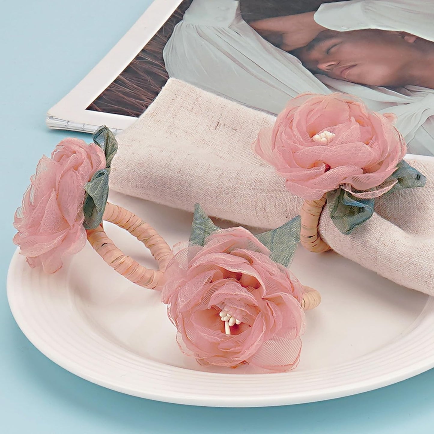 Handcrafted Flower Napkin Rings Set of 6 – Romantic Pink Tulle Rose Napkin Holders for Wedding Table Decor, Tea Parties, Brunches, Holiday Dining Decorations
