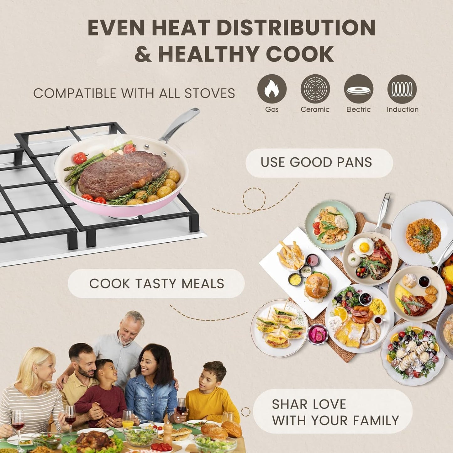 Kikcoin NONSTICK Frying Pans Set - Ceramic Frying Pans with Stay Cool Handle - 3 Sizes Versatile Frying Pans for Cooking (8+9.5+11 inch) - Induction Ready, Oven Safe