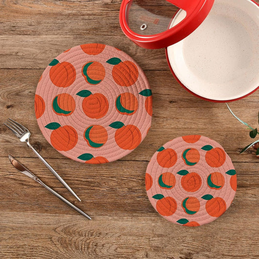 Trivets Peach Pattern Pot Holders Set of 2 Cotton Braided Hot Pads for Kitchen Table Mats Round Heat Resistant Placemats Absorbent Coasters for Dining Table Countertop Protection