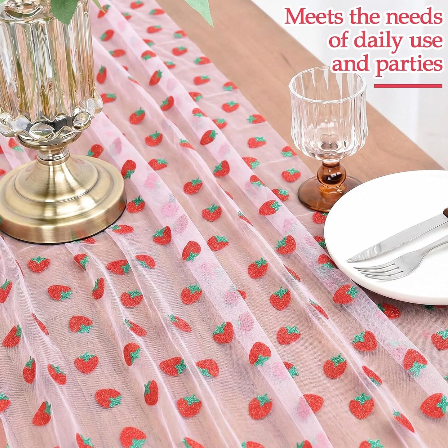 Tudomro Pink Strawberry Embroidery Table Runner 55 Inch Round Floral Embroidered Lace Tulle Runner Holiday Kitchen Dining Table Cover for Bridal Shower Birthday Wedding Restaurant