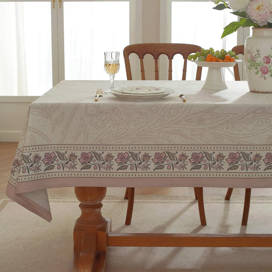 Designer French Linen Blend Tablecloth for Rectangle Table, Wrinkle Resistant Vintage Floral Table Cloth, Decoration Table Cover for Dining Room,Home, Kitchen (Creamy Pink Floral, 104" x 55")