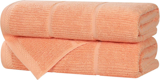 Superior Ultra Soft Quick Dry Absorbent Cotton Blend Towel Set for Bathroom, Bath Essentials, Ribbed Design Milo Towel, Bath Towels, Set of 2, Peach