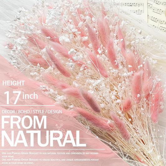 Bunny Tails Dried Flowers Bouquet Fluffy Nature Pampas Grass with Baby Breath Flowers Artificial Flower for Table Bookshelf Home Festival Hobo Wedding Decor (Pink)