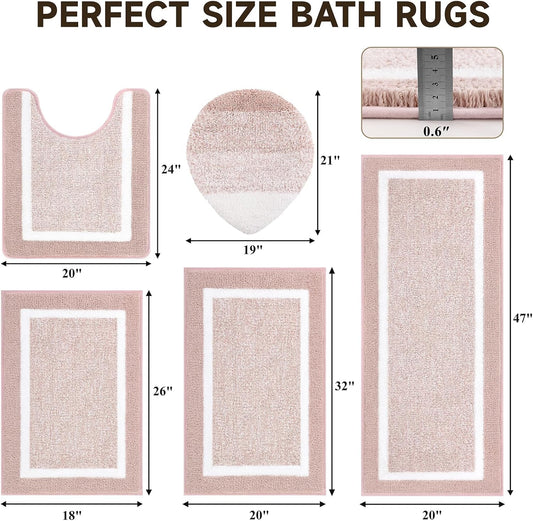Pauwer Bathroom Rugs Sets 5 Piece Soft Absorbent Microfiber Bath Mat Set Non Slip Machine Washable Rug Plush Shaggy Bath Mats for Bathroom Decor Floor Toilet Tub and Shower, Dusty Pink