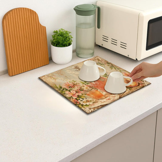 Peach Floral Dish Drying Mats for Kitchen Counter, Vintage Peach Absorbent Dish Drainer Mat, Spring Rustic Microfiber Drying Pad for Coffee Bar Protector 16x18 Inch