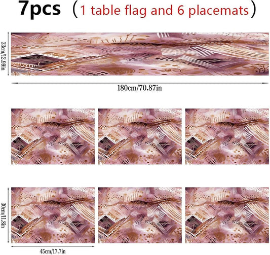 Pretty Peach Pattern Placemats and Table Runner Set, Washable Linen Place Mats for Home Wedding Hotel Decoration (1 Table Runner and 6 Placemats)