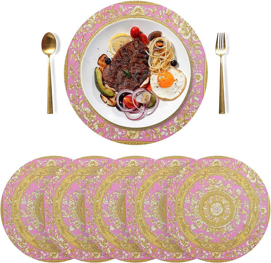 Retro Flower Pattern Gold and Peach Fabric placemats Round Reusable Chalkboard placemats placemat Washable Solid placemats for Dining Table Waterproof placemats for Kitchen Table 6 Place mats