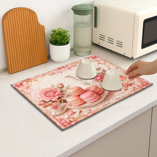Peach Floral Dish Drying Mats for Kitchen Counter, Vintage Rose Absorbent Dish Drainer Mat, Elegant Microfiber Drying Pad for Tea Party Protector 18x24 Inch