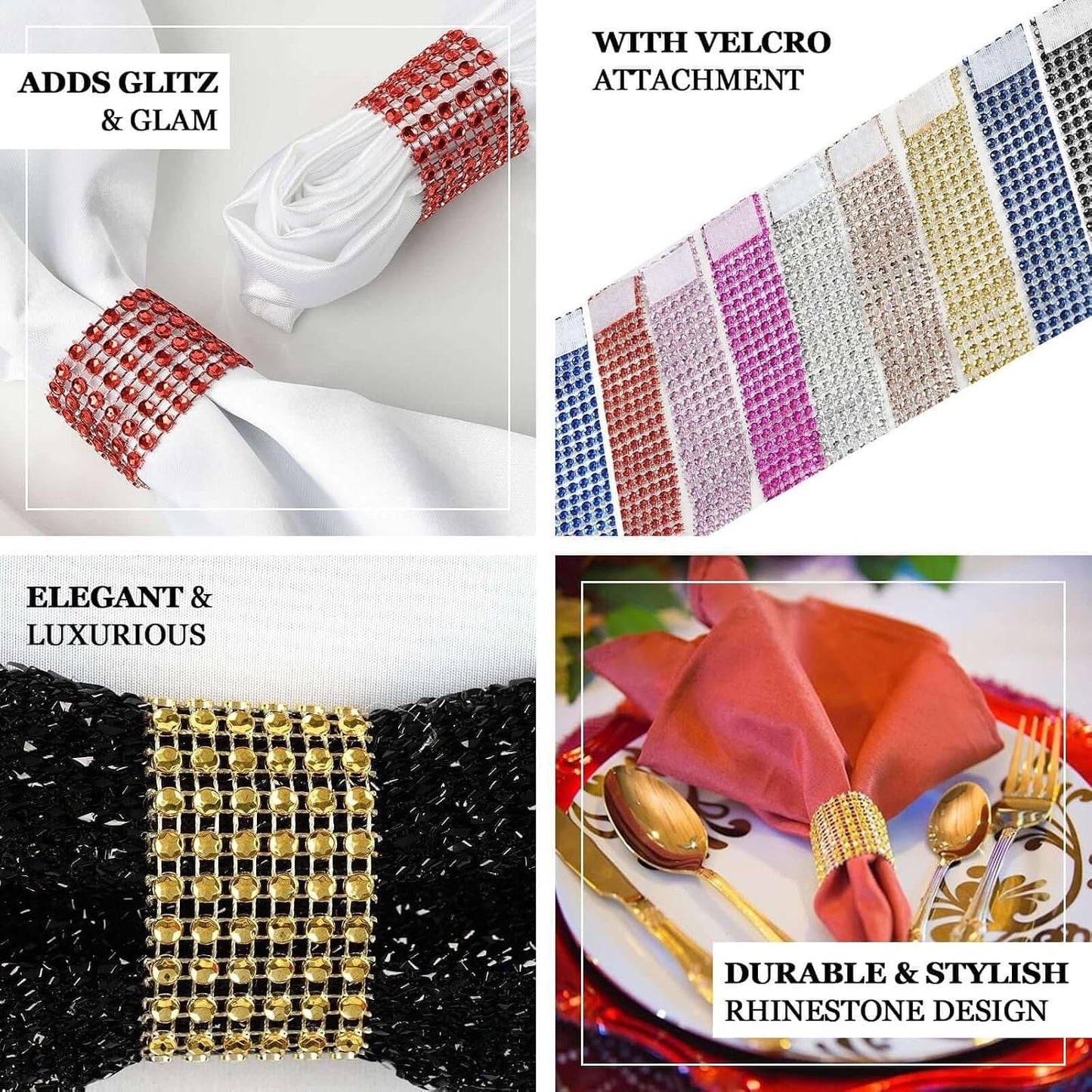 Efavormart 10 Pack Pink Diamond Rhinestone Napkin Ring with Self Adhesive Strip for Wedding Banquet Party