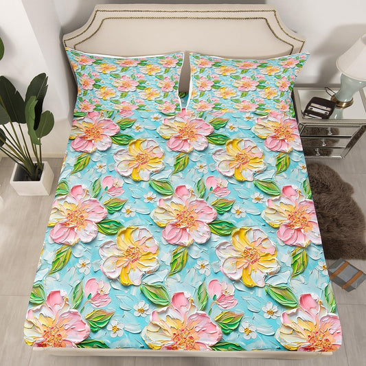 Erosebridal Pink Flower Sheet Set for Kids Girls Women, Spring Peach Blossom Water Color Bed Sheets Set Garden Botanical Daisy Sheets King, Green Leaves Plant Flat Sheet, Cute Room Decor Aesthetic