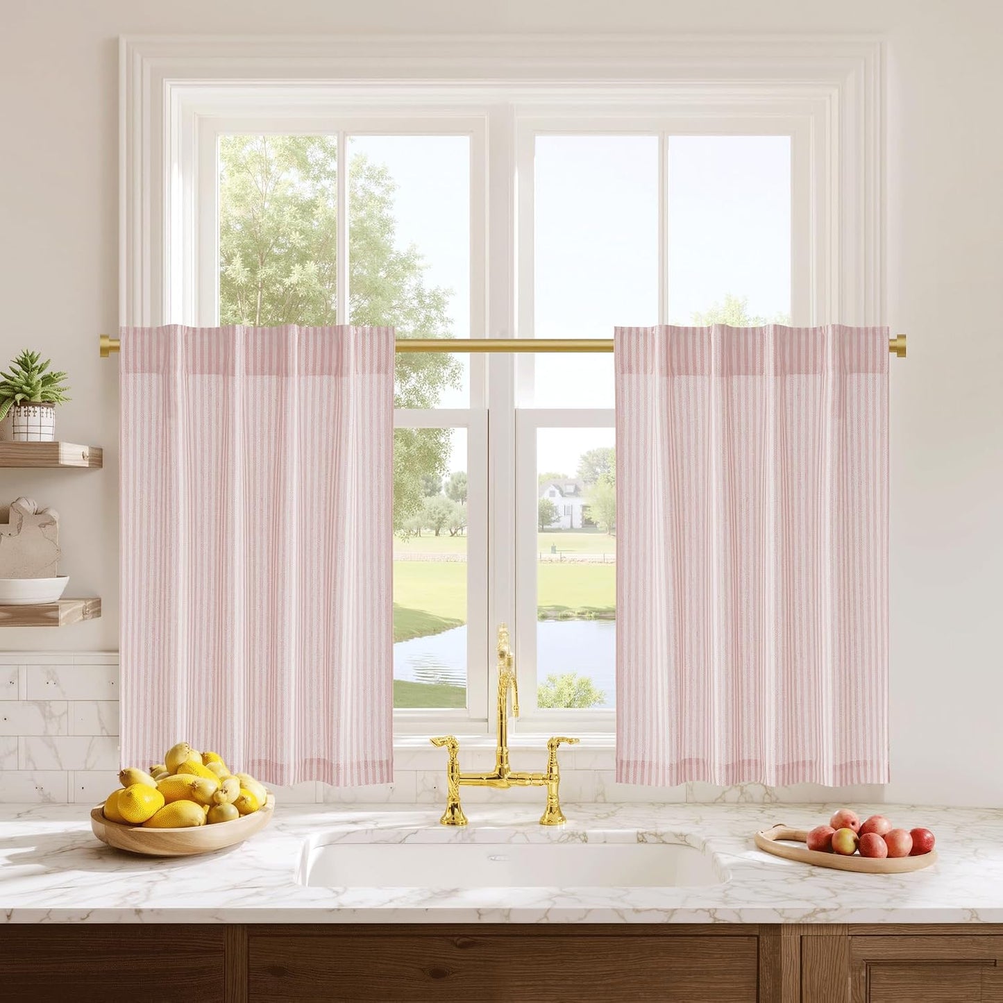 RYB HOME Cafe Striped Curtains for Kitchen Bathroom Small Window, Linen Pinstripe Drapes Valance 36 inch Length for Living Room Short Tier Boho Rustic Farmhouse, Pink, W26 x L36, 2 Panels