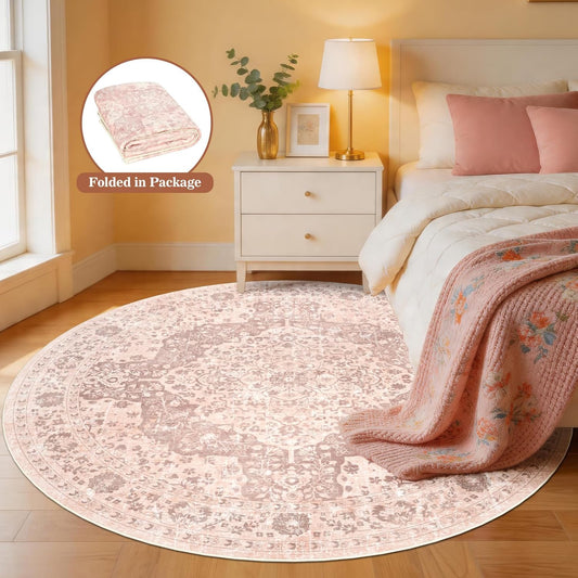 nesrt Boho 8ft Vintage Washable Round Area Rug for Living Room, Soft Non-Slip Large Round Indoor Rug, Thin Distressed Oriental Carpet for Bedroom, Dining Room, Home Office Farmhouse Decor (Pink)