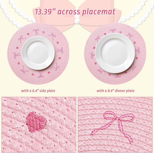 Whaline 4 Pcs Pink Bow Embroidered Placemats Round Place Mats Coquette Bow Dinner Table Mats for Home Wedding Baby Shower Birthday Party Decor