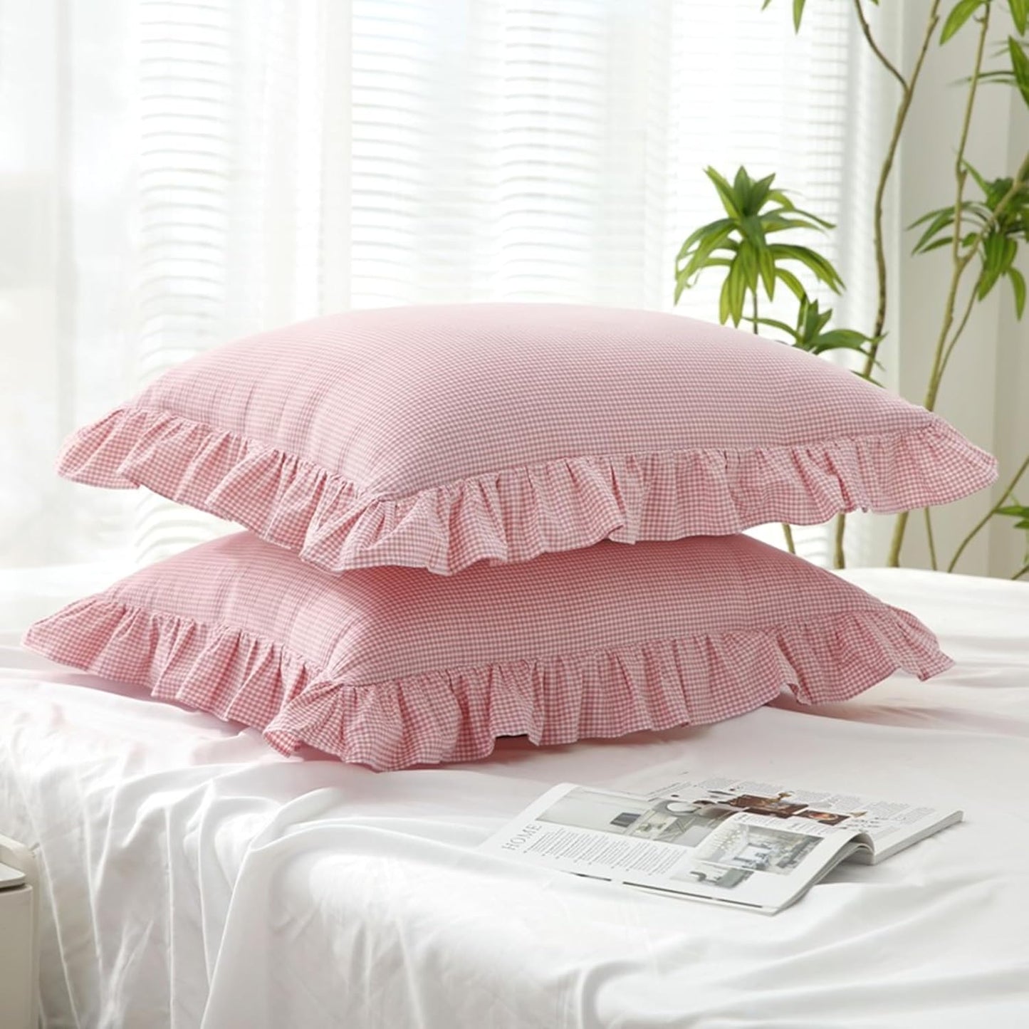 Gingham Pillow Shams 20x26, Pink White, Ruffle Trim, Set of 2 | 100% washed cotton | Standard size pillow covers | Vintage farmhouse plaid | Envelope closure | Inserts not included