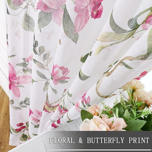 Tollpiz Floral Sheer Curtain Valance Pink Cherry Flower Butterfly Print Living Room Valance Curtains Rod Pocket Voile White Sheer Curtain Valances for Bedroom, 54 x 16 inches Long, Set of 1 Panel