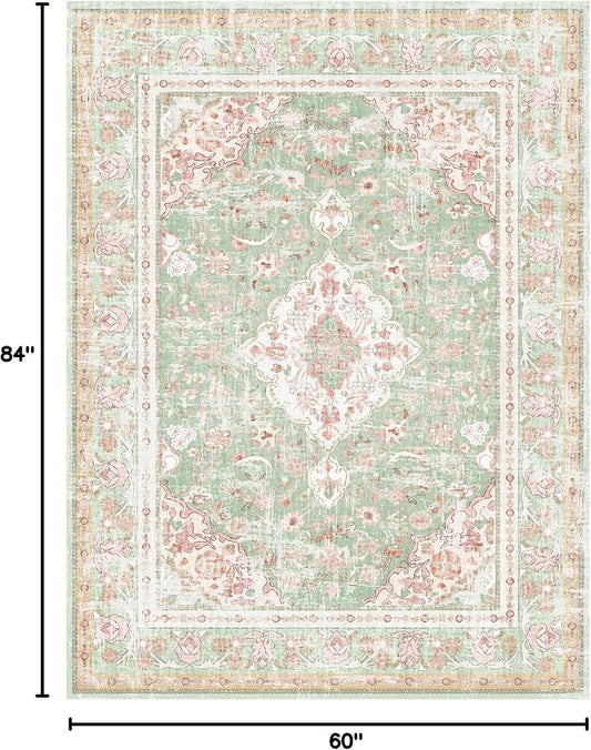 Vhong Washable Area Rugs Boho Vintage Modern Neutral Large Carpet Green and Pink High Traffic Rugs 5×7 for Dinning Room Living Room Bedroom Farmhouse Non Slip