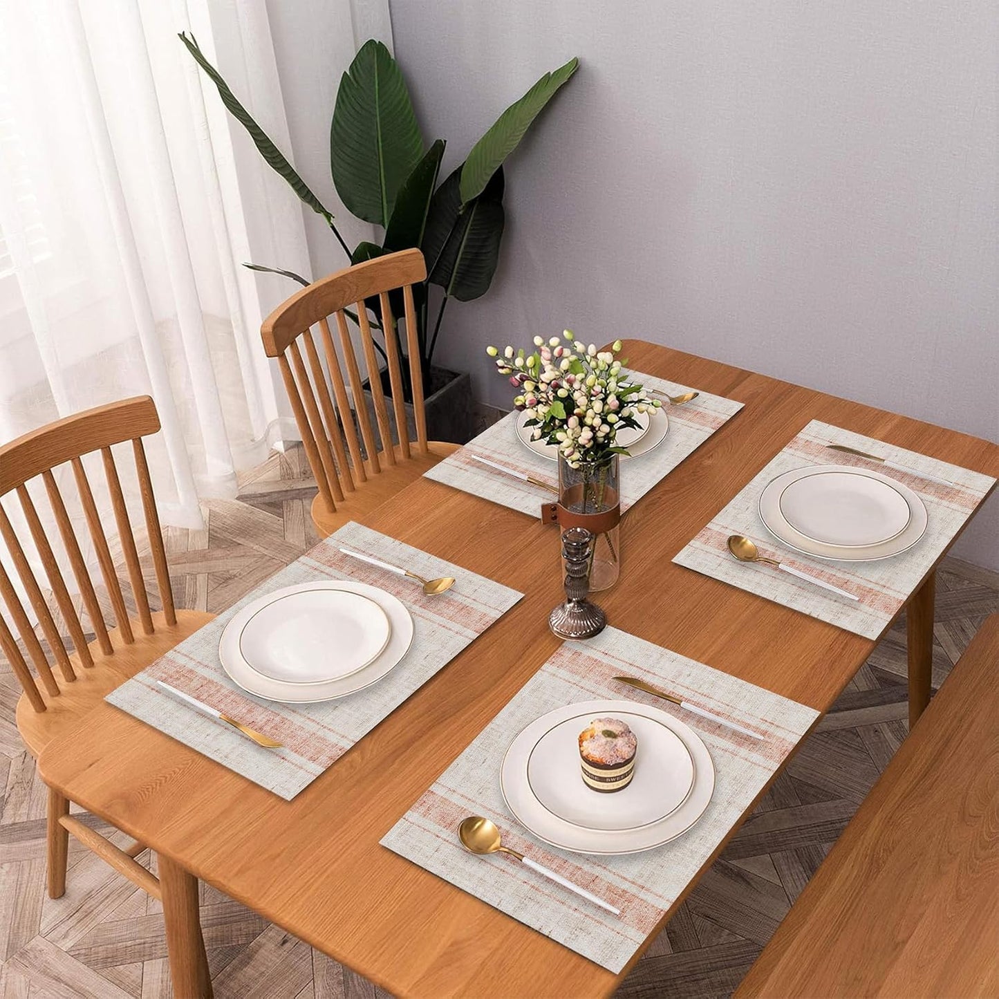 Modern Minimalist Line Decorative Placemats Set of 4 Heat-Resistant Non-Slip Kitchen Table Mats Khaki Woven Rectangle Placemats for Dining Table 18"x12" Washable, Pink Stripe