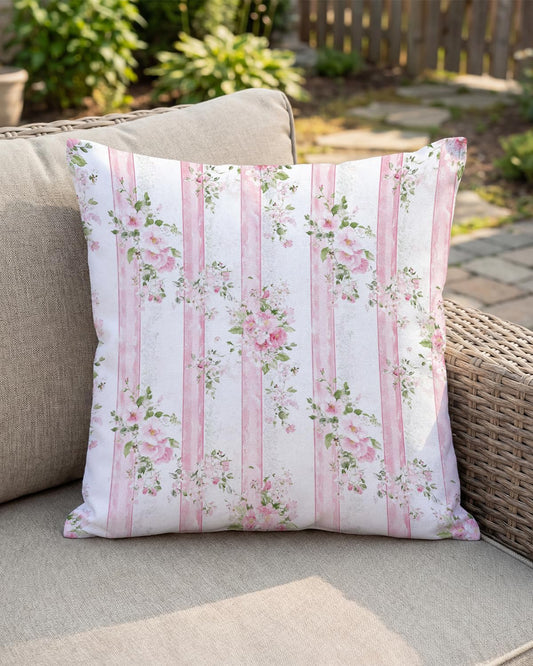 Vintage Pink Floral Pillow Cover 18x18 – Striped Pastel Rose Cushion Case for Coquette Cottagecore Bedroom or Grandmillennial Decor