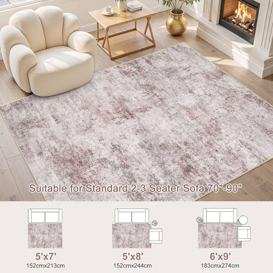 UERMEI 5x7 Washable Area Rug - Neutral Modern Abstract Living Room Rugs, Non-Slip Soft Large Indoor Floor Carpet for Bedroom Home Office & Under Dining Table Decor, Pink Grey