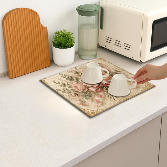 Peach Floral Dish Drying Mats for Kitchen Counter, Vintage Rose Absorbent Dish Drainer Mat, Spring Elegant Microfiber Drying Pad for Coffee Bar Protector 16x18 Inch