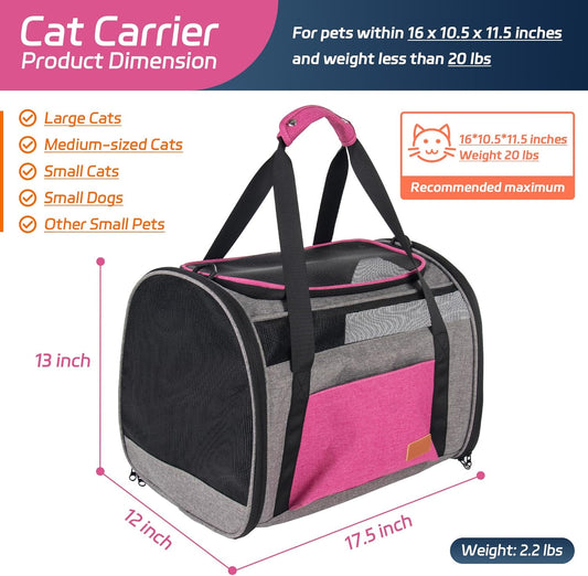 Large Cat Carrier for 20 lbs Pets - Soft Sided Breathable Mesh Travel Carrier, Airline Approved, Washable for Small Dogs Puppies, Foldable, Pink