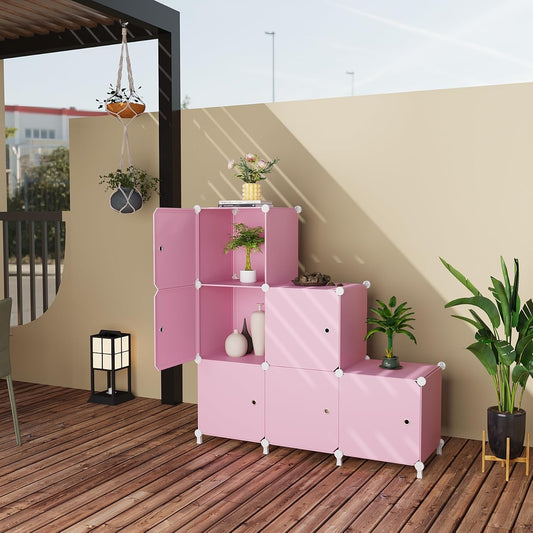 Cube Storage Organizer, 6-Cube Shelves Unit with Doors, DIY Stackable Plastic Clothes Organizer for Bedroom and Under Stairs Storage Unit, Each Compartment 30 x 30 x 30 cm Pink