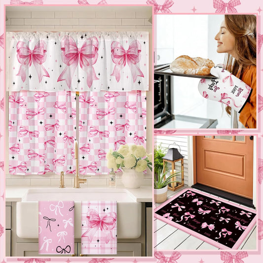 Fourluoo 13 Pcs Bow Kitchen Decor Set Black and Pink Kitchen Towels Nonslip Rugs and Mats Pink Curtains Watercolor Aesthetic Valance Pot Holders Oven Mitts for Home Cooking Grilling Baking Gift