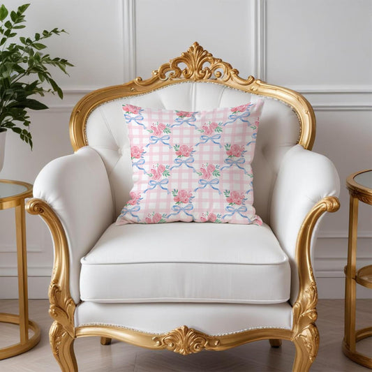 Coquette Blue & Pink Rose Floral Bow Pillow Covers - 18x18, Girly Bedroom Decor, Preppy Room Decor, Coquette Stuff