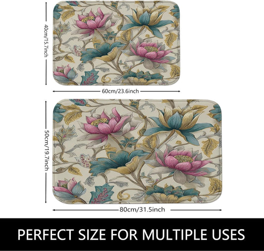 Floral Quick Dry Bath Mat, Vintage Peach and Blue Water Lily Pattern Absorbent Non Slip Shower Mat, Spring Memory Foam Washable Bath Rugs for Bathroom Toilet Decorative 16x24 Inch