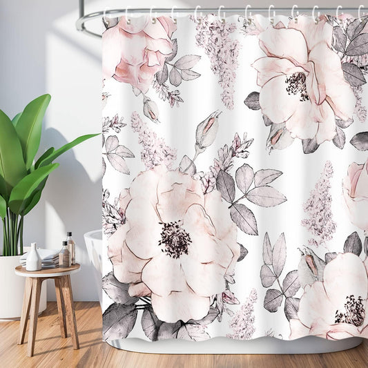 LIVILAN Pink Gray Flower Shower Curtain, Watercolor Floral Shower Curtains with Hooks White Grey Fabric Blossom Bathroom Decor Machine Washable, 72" W x 72" H