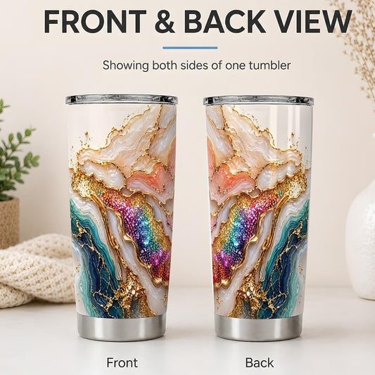 Peach Teal Marble 20oz Tumbler, Peach Teal Marble Tumbler, Daily Coffee Cup for Travel, Abstract Agate Pattern with Gold Veins, Glitter Color Flow, Modern Home Decor for Women