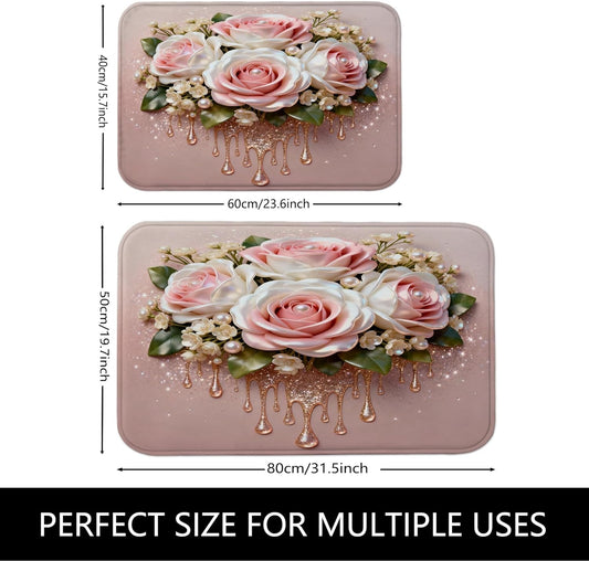 Rose Floral Quick Dry Bath Mat, Elegant Peach Flowers Decorative Non Slip Shower Mat, Spring Flowering Washable Bath Rugs for Bathroom Toilet Restroom 16x24 Inch