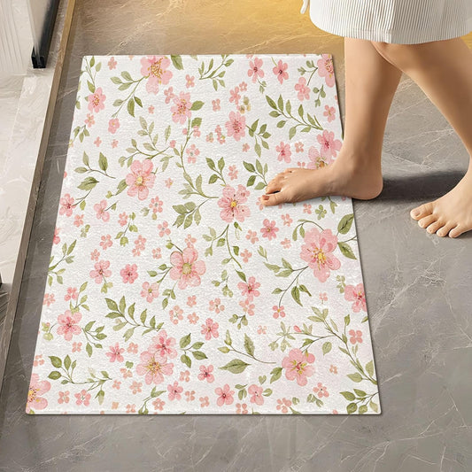 Pink Flowers Bathroom Mat Rug 24" x 16" Non Slip Super Absorbent Quick Dry Bath Mats for Bathtub Fluffy Rugs