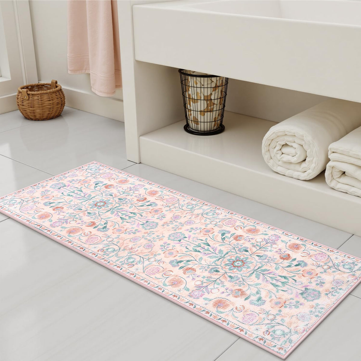 Bathroom Rug Runner Pink Floral Bath Mats Vinatge Ultra Soft Non Slip Bathroom Rugs Machine Washable Boho Farmhouse Medallion Shower Rug for Sink Tub Entryway, 18x47 inch