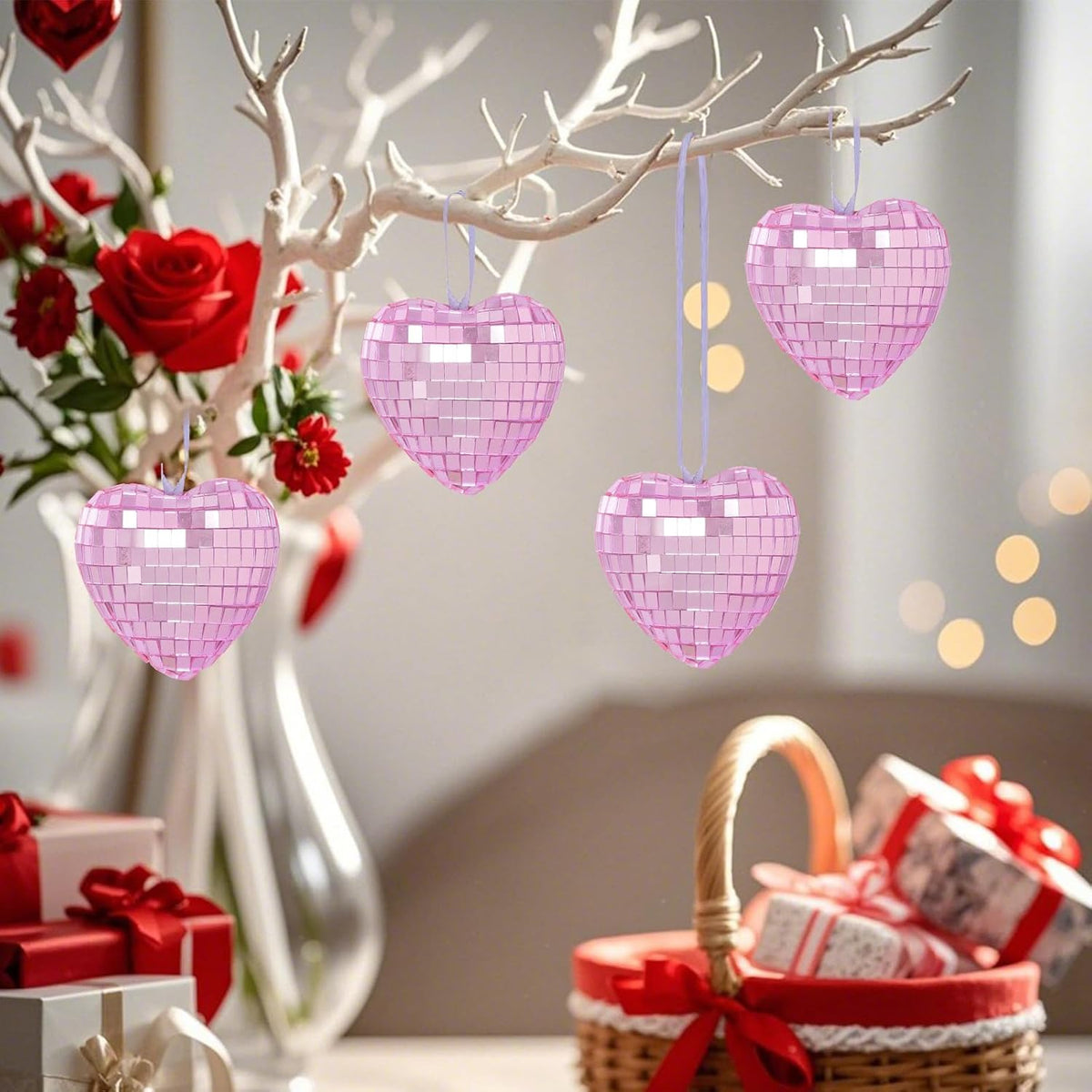 12pcs Heart Disco Valentine Ornaments Heart Shaped Disco Ball Pink Mirror Balls Hanging Ornaments for Valentines Decorations Tree Party (12, Pink, 2.4in)