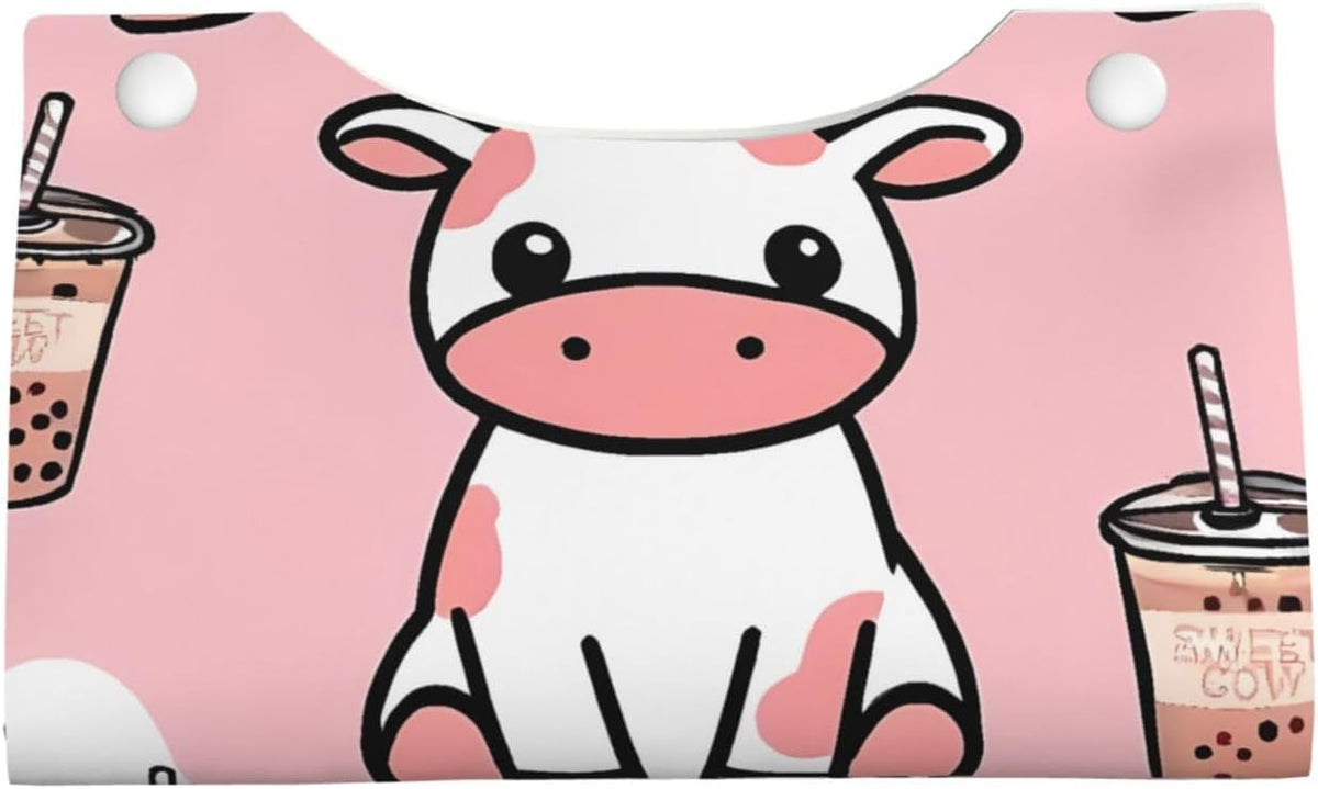 Cute Cow Pink Print Tissue Box Cover - Leather Tissue Holder Long Tissue Case Facial Paper Organizer Dispenser for Bathroom Vanity Countertop Table Desk Office
