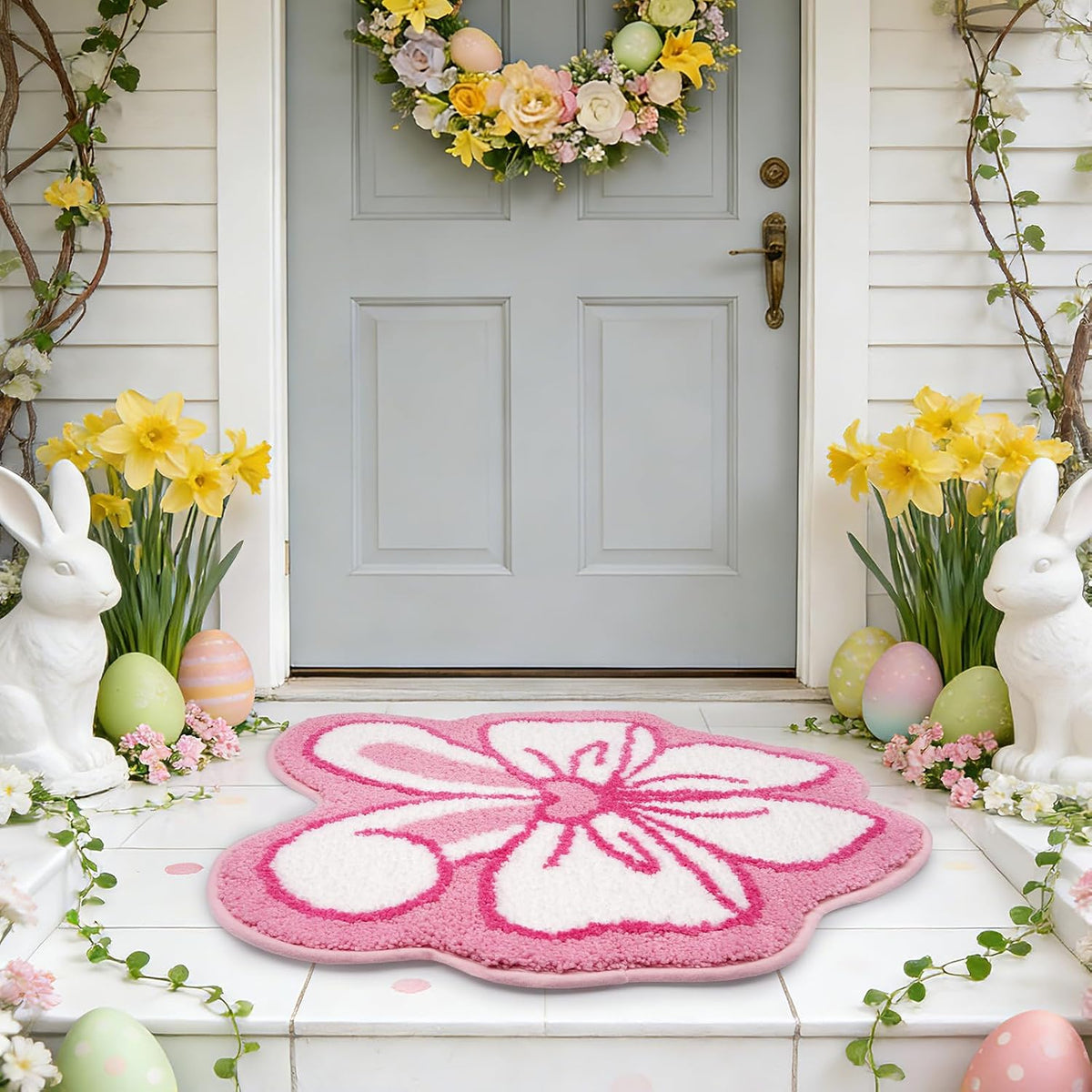 Bathroom Rug,Bow Bath Mat with Bunny Ears,Non-Slip and Absorbent Pink Rug with Funny Design Rugs for Bathroom Shower Bedroom,24x16 Inch