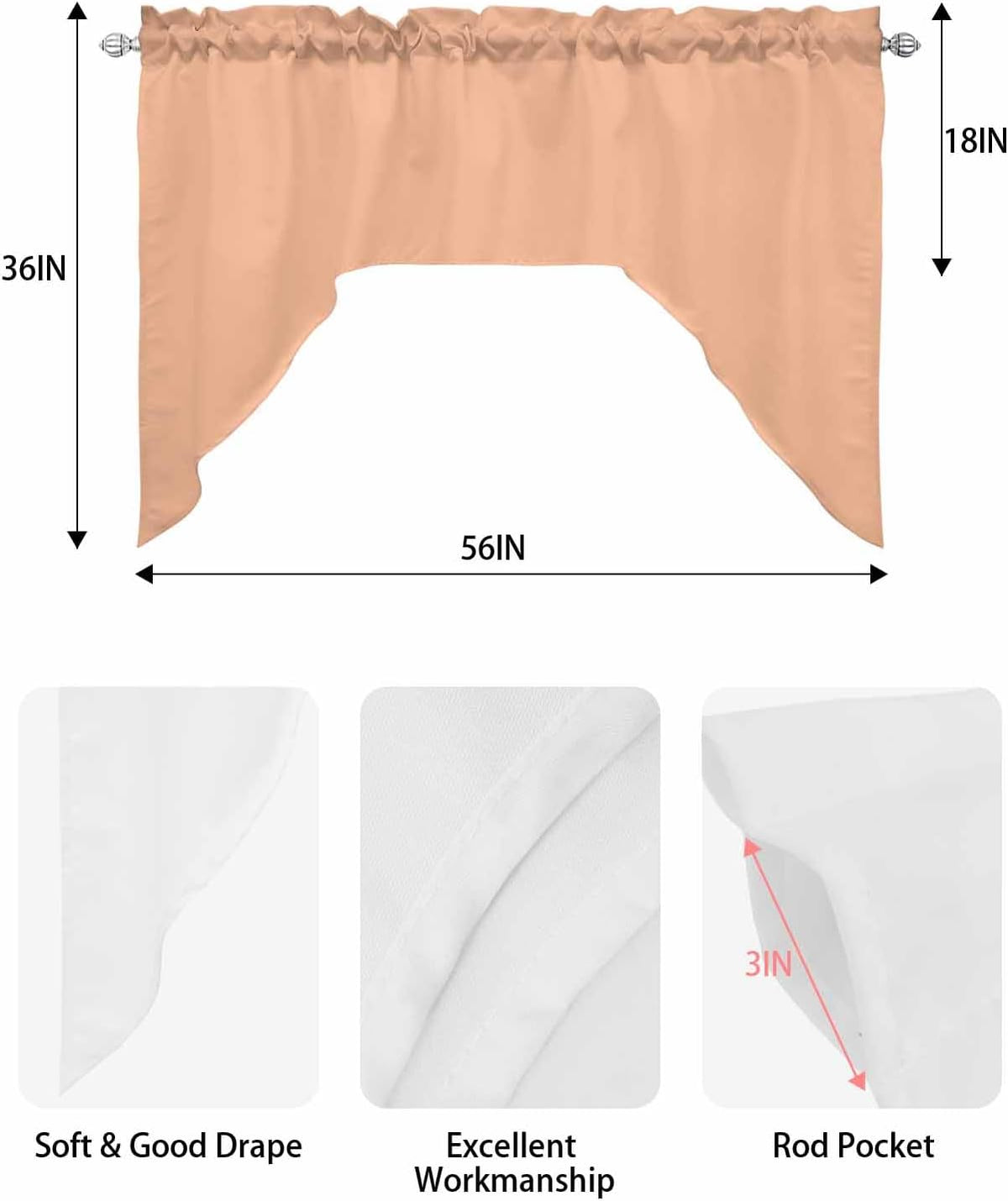 Swag Valances for Windows, Peach Fuzz Kitchen Valance Rod Pocket Window Treatment, Farmhouse Solid Orange Color Modern Art Bathroom Swag Curtain Panel for Living Room, 56 x 36 inch