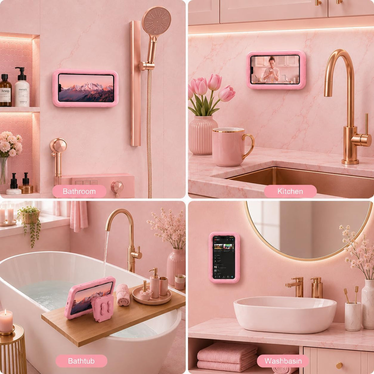 Shower Phone Holder Waterproof Pink,480° Rotatable, Multi-Angle Adjustable Wall Mounted Phone Holder for Bathroom Bathtub Kitchen Mirror, Compatible with All 4-7" Smartphones