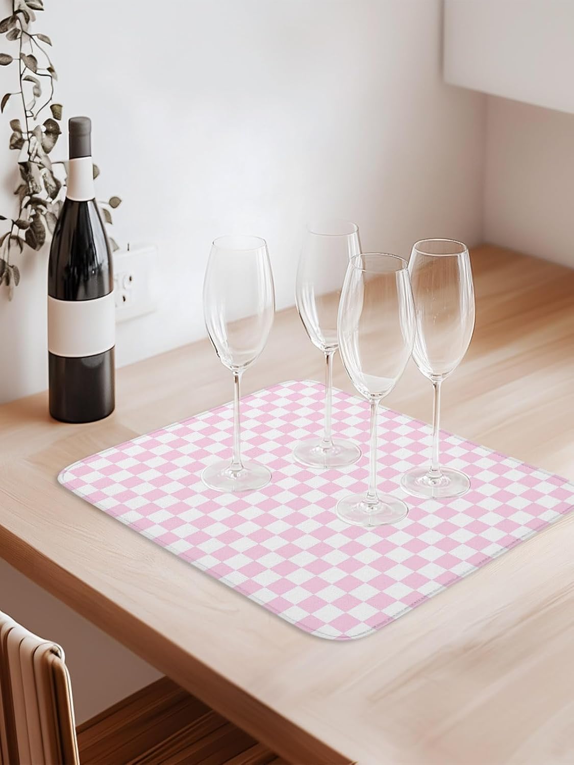 Dish Drying Mat for Kitchen Counter,Pastoral Pink White Buffalo Check Absorbent Microfiber Drainer Rack Pad Modern Geometric Plaid Quick Dry Mat for Sinks Dishes Utensils 18x24in,1 Pack