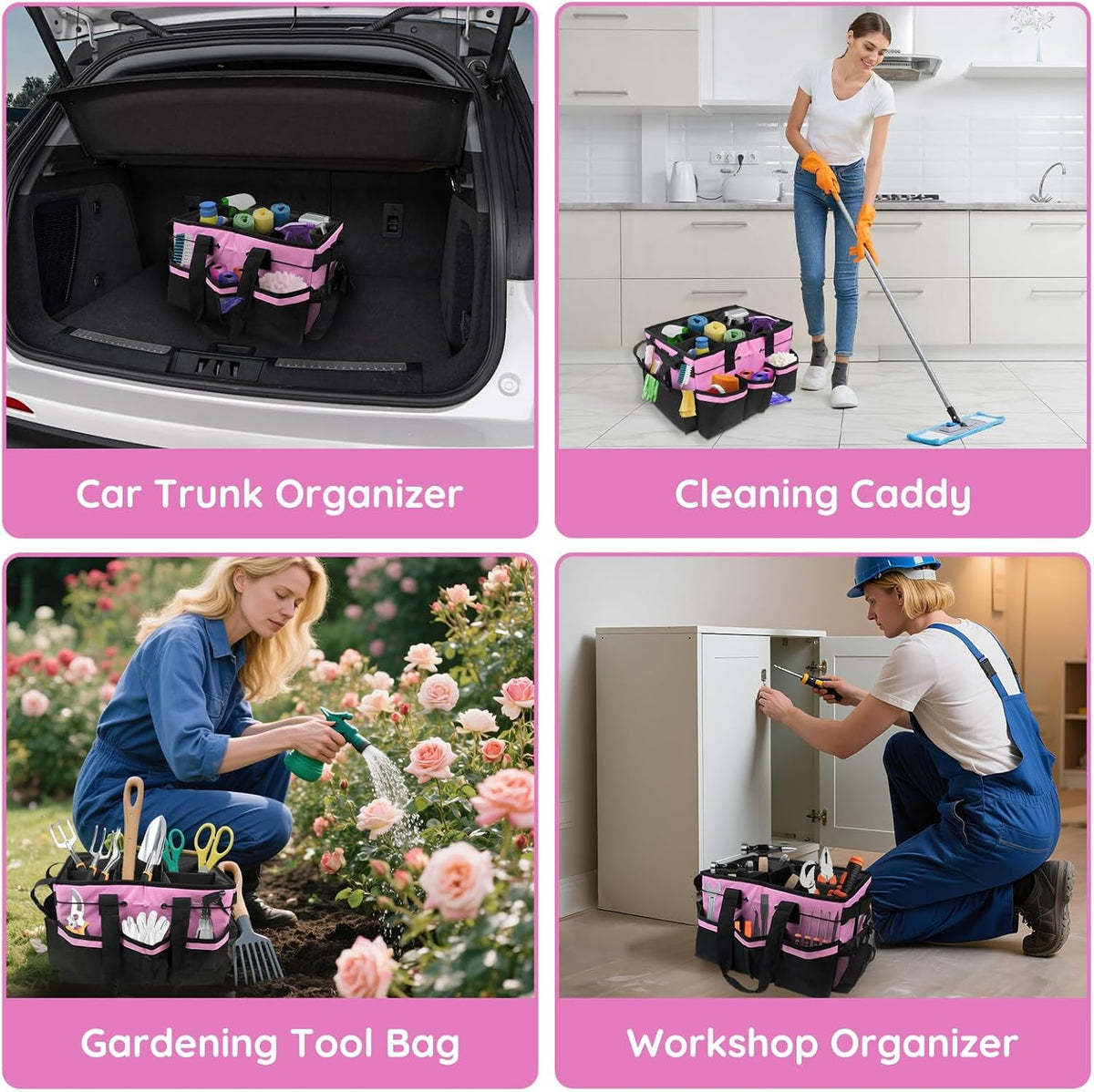 Large Cleaning Caddy Bag with Handle, Built-in Sturdy Support Board, Adjustable Shoulder Strap, Multi-compartment Design Cleaning Supply Tote for Cleaners & Housekeepers (Pink)