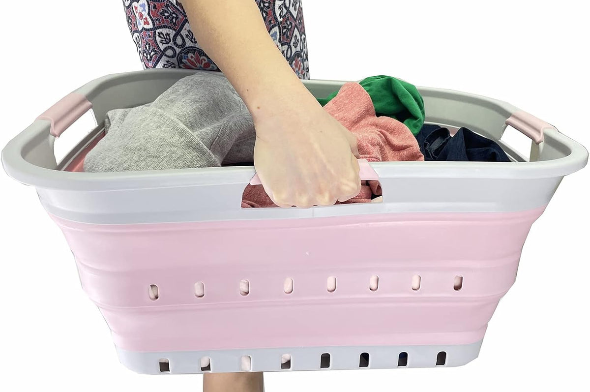 42L (11 gallon) Collapsible Plastic Laundry Basket - Foldable Pop Up Storage Container/Organizer - Portable Washing Tub - Space Saving Hamper/Basket (Grey/Pale Pink)