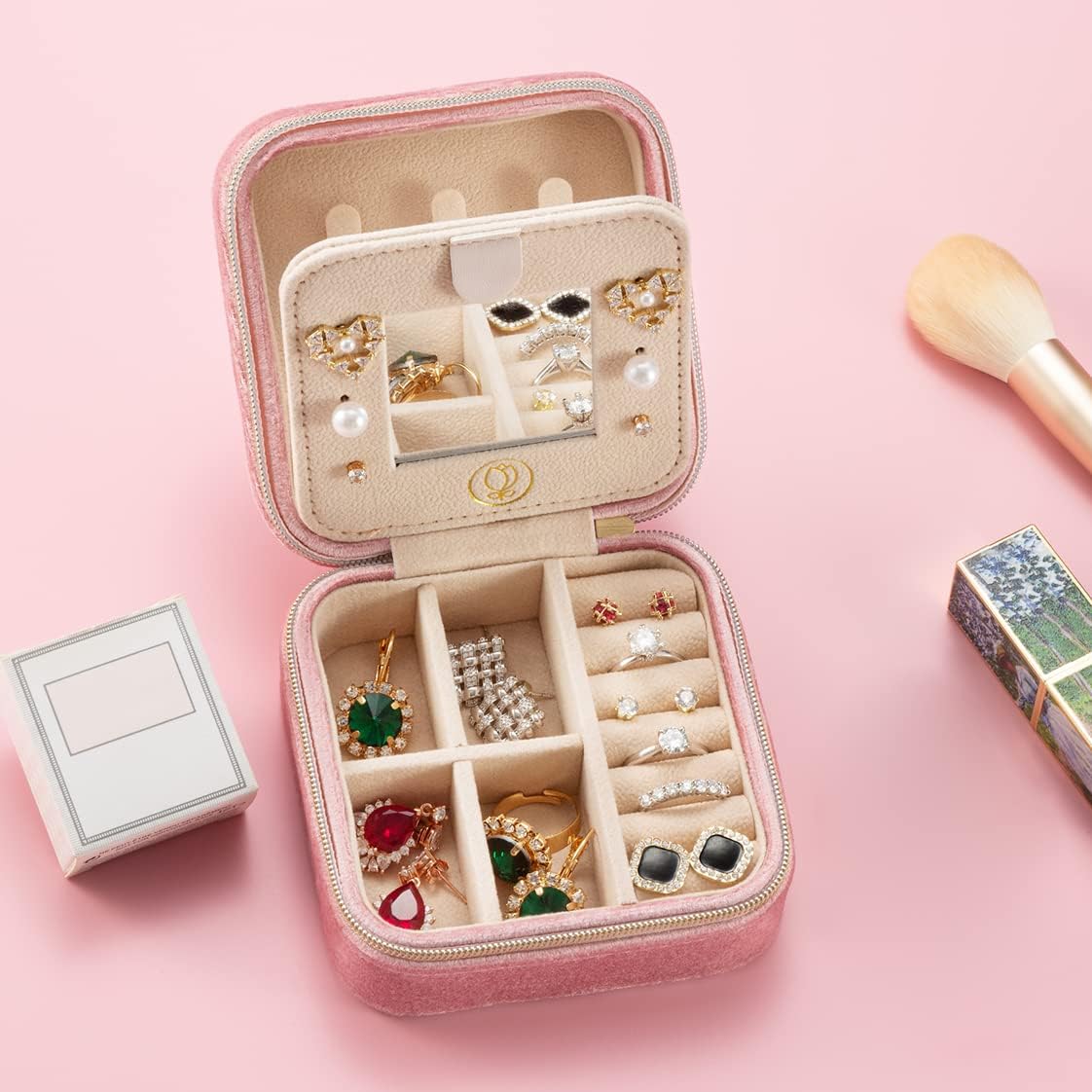 Plush Velvet Travel Jewelry Case, Travel Jewelry Organizer, Jewelry Travel Case, Travel Jewelry Box, Small Jewelry Case for Women, Jewelry Travel Box, Earring Organizer with Mirror - Pink