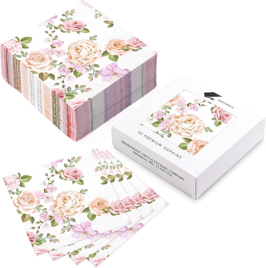 WRAPAHOLIC 50Pcs Pink Floral Cocktail Napkins - 3-Ply Pink Rose and Blossom Disposable Paper Napkins for Wedding Party Tableware Party Supplies - 5 x 5 In