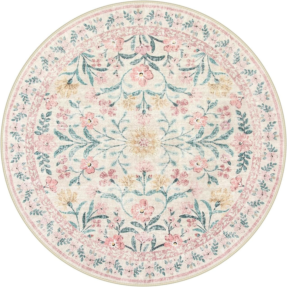 Pink Floral Round Rugs 5ft, Soft Circle Rug Non Slip Washable Round Carpet, Boho Non-Shedding Flower Distressed Circle Carpets for Bedroom Girls Room Nursery